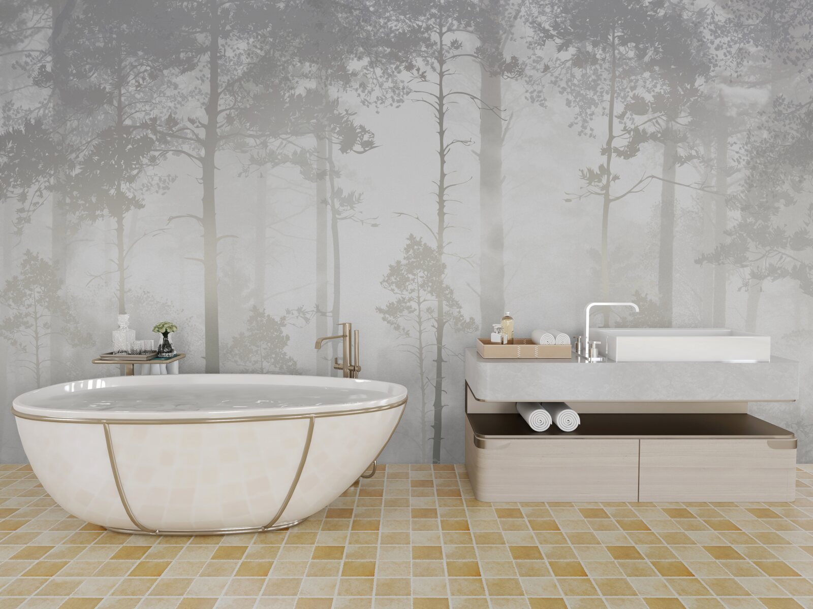 Fototapeta hmlistý les je posiaty vysokými borovicami ako v rozprávke