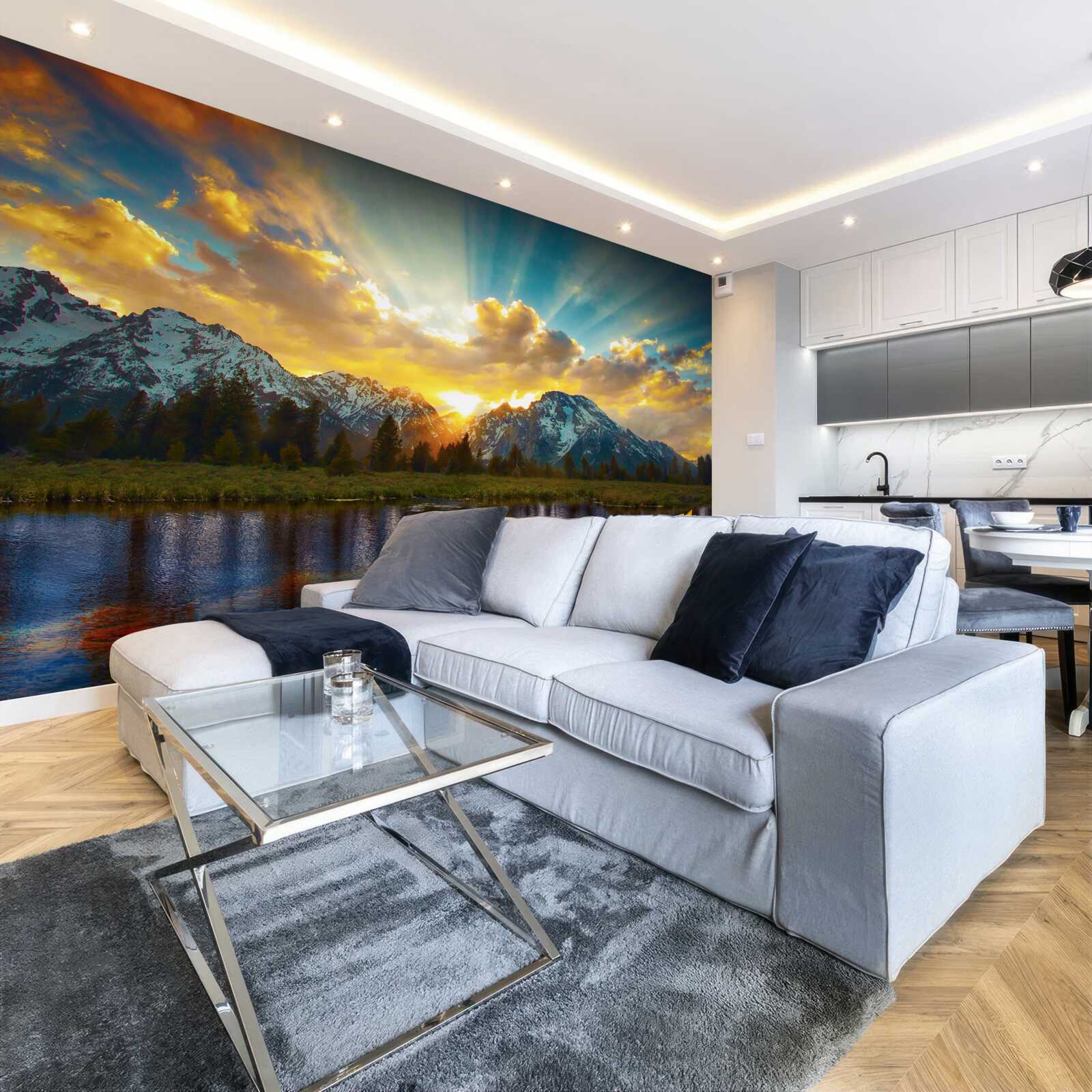 Fototapeta magický západ slnka nad vysokohorskou riekou