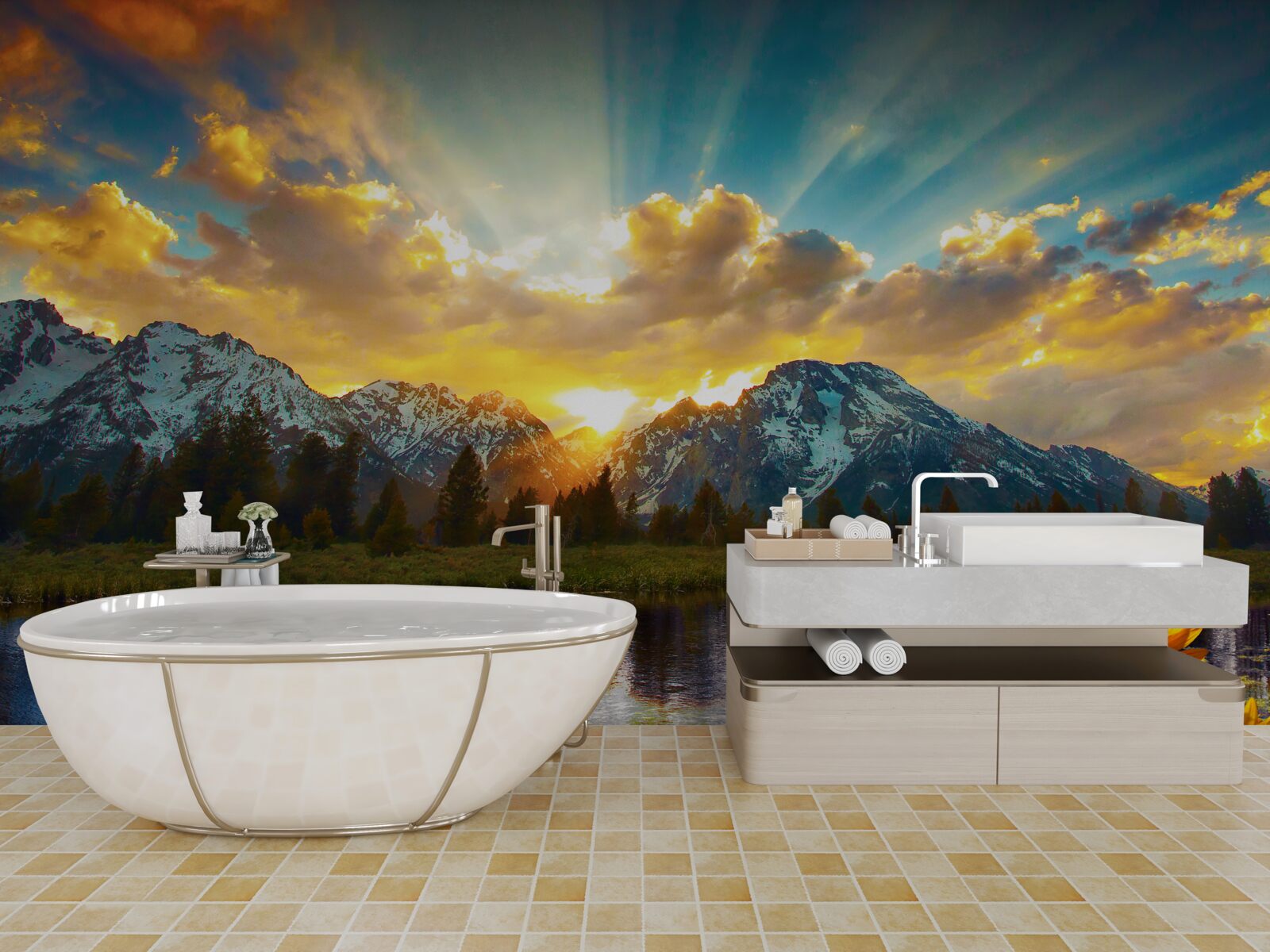 Fototapeta magický západ slnka nad vysokohorskou riekou