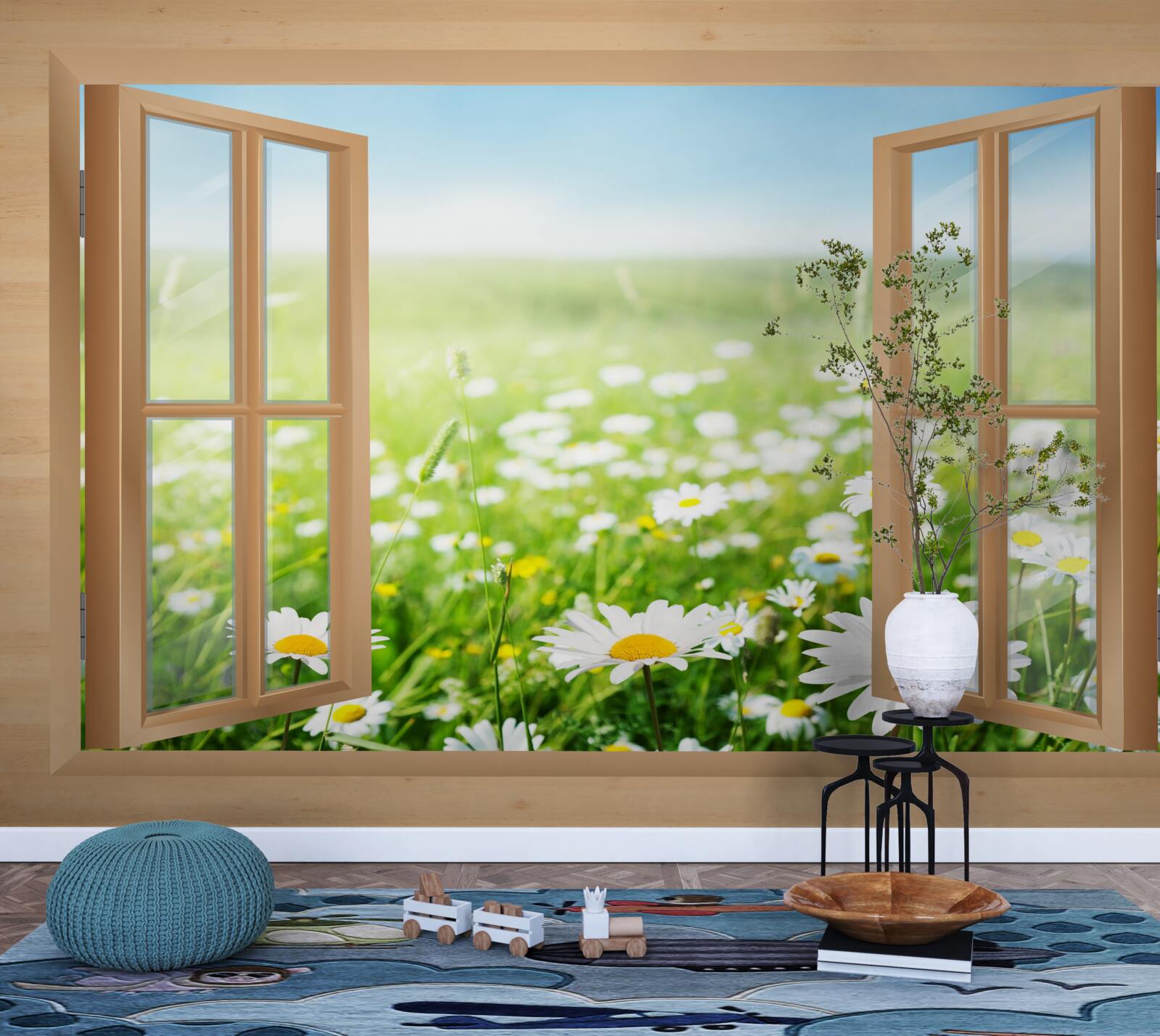 Fototapeta pohľad z okna na pole rumančeka