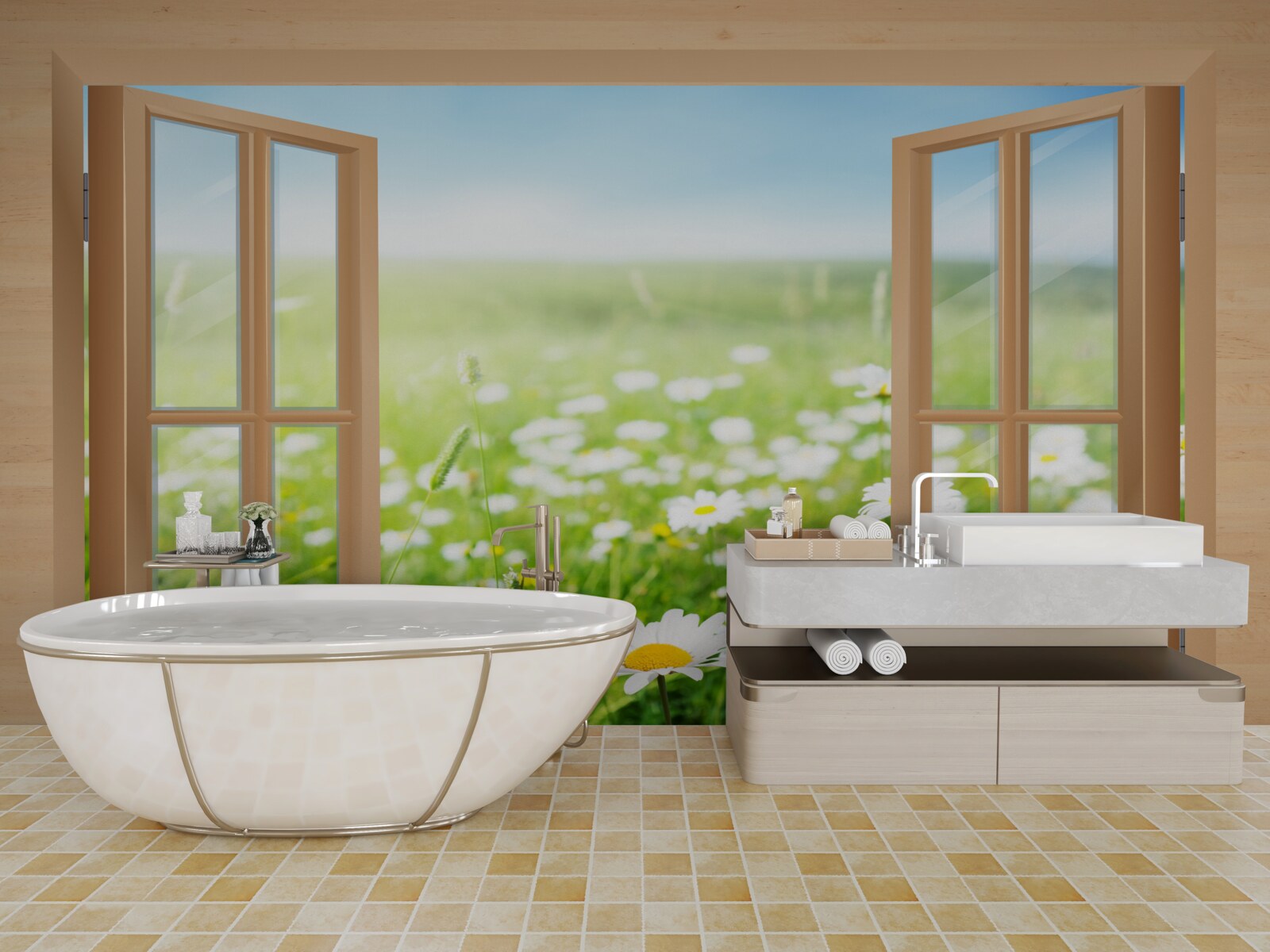 Fototapeta pohľad z okna na pole rumančeka