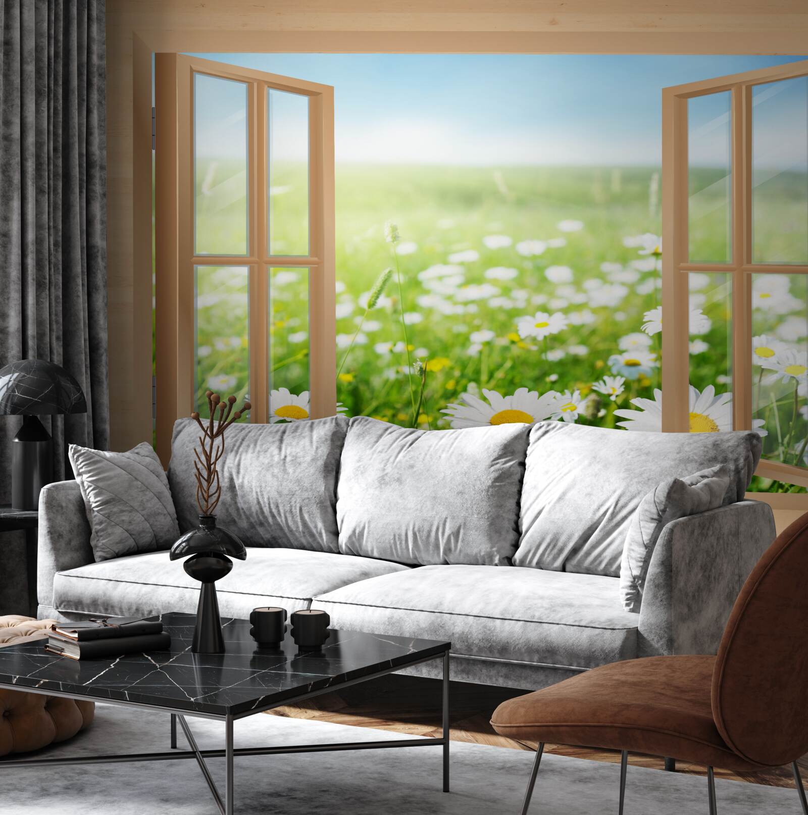 Fototapeta pohľad z okna na pole rumančeka