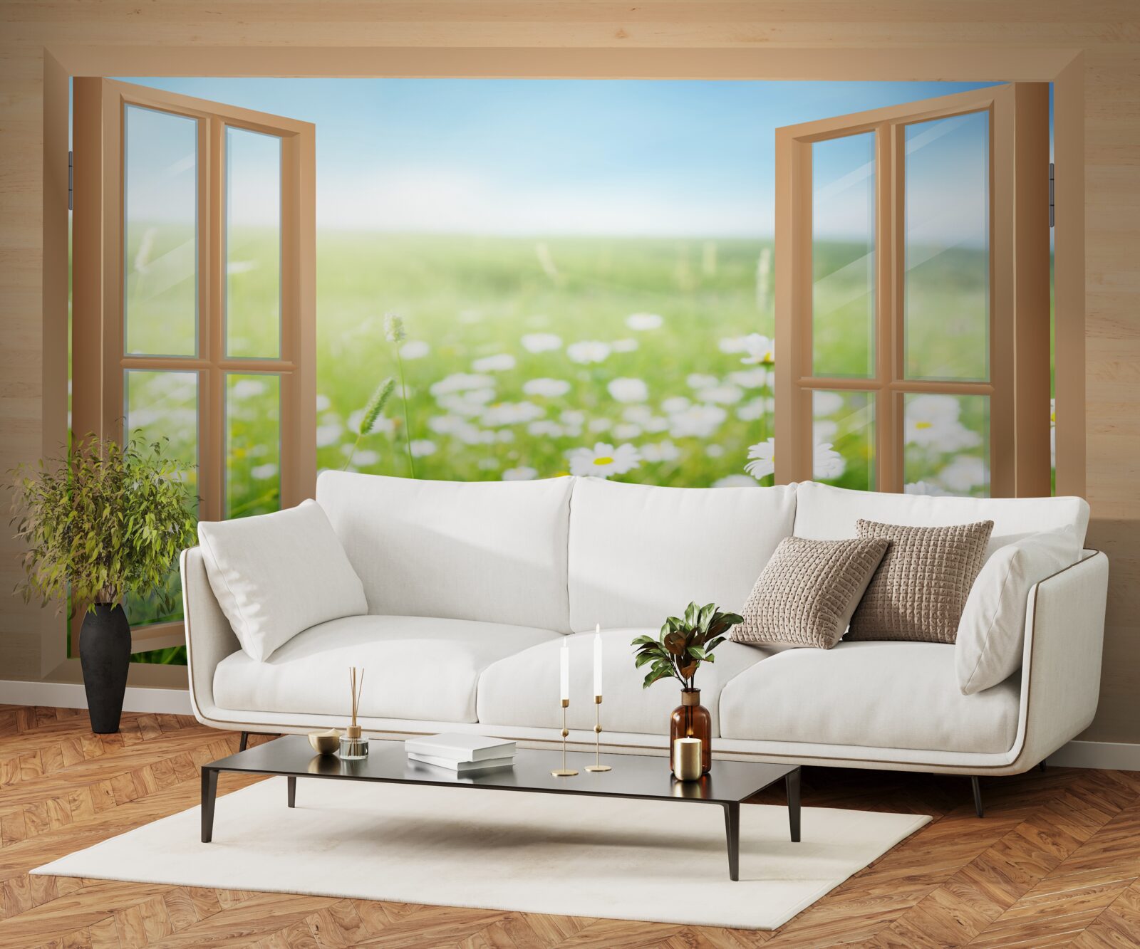 Fototapeta pohľad z okna na pole rumančeka