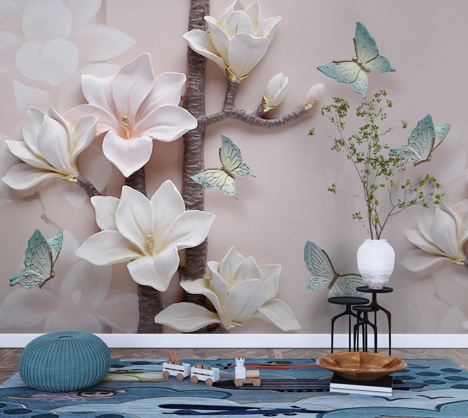 Fototapeta modré motýle a biele kvety