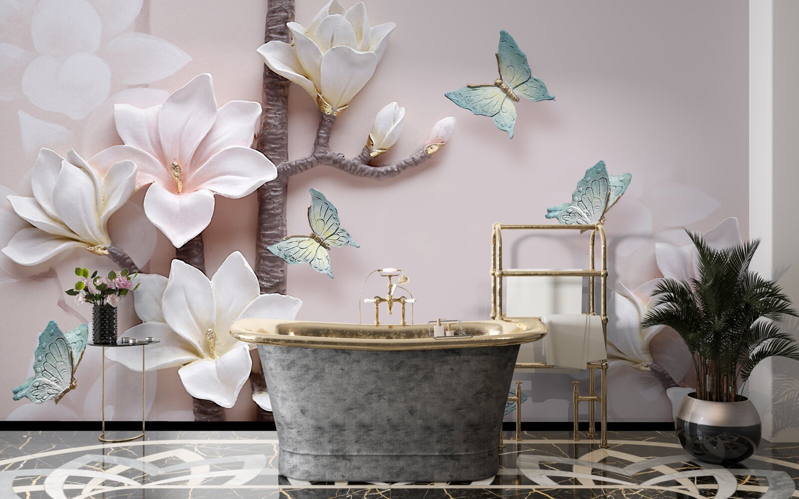 Fototapeta modré motýle a biele kvety