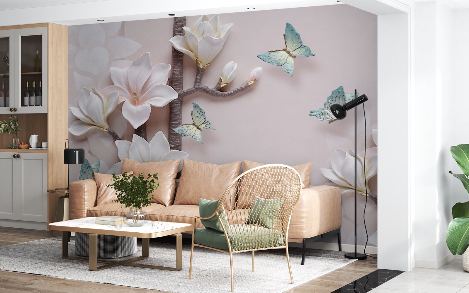 Fototapeta modré motýle a biele kvety