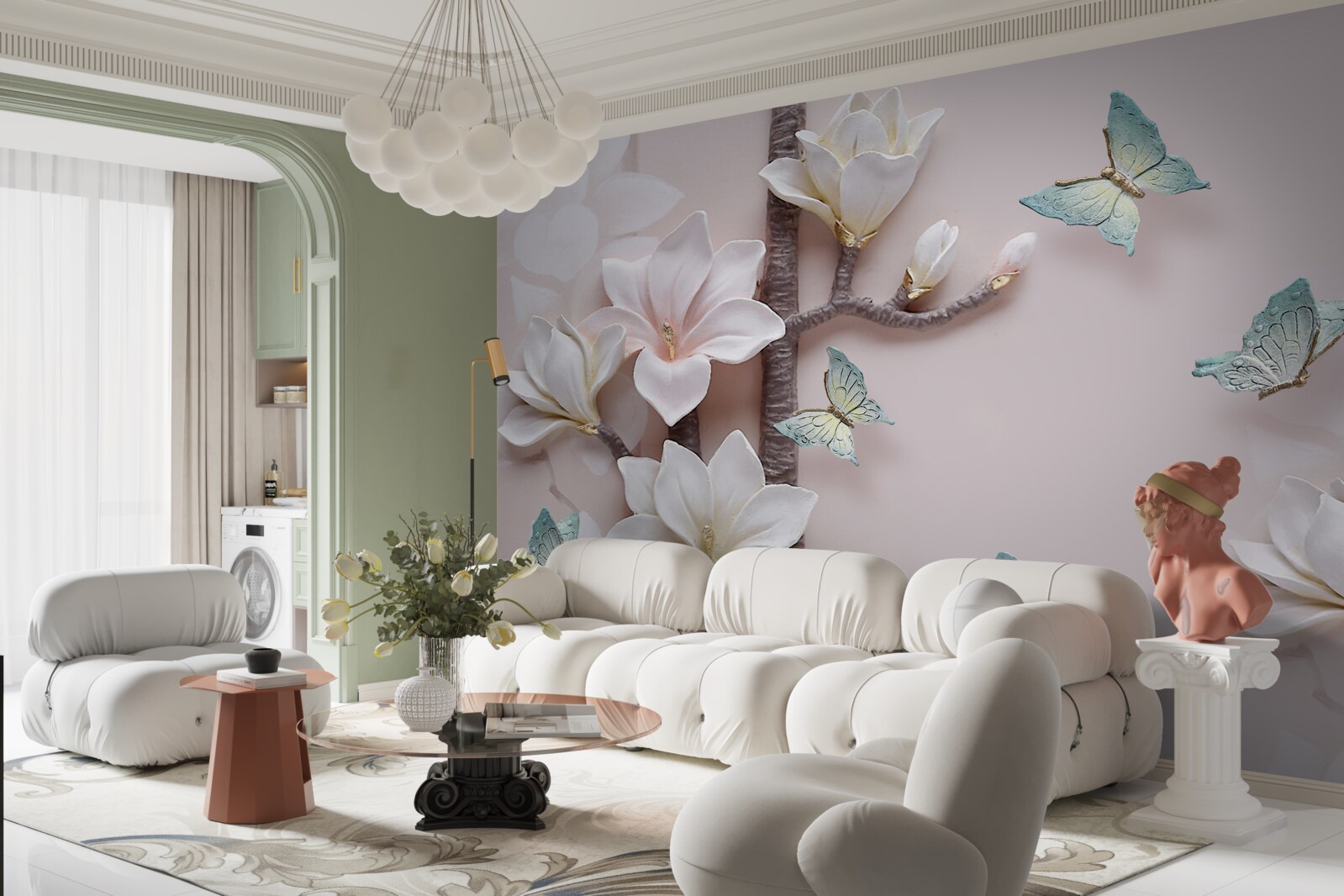 Fototapeta modré motýle a biele kvety