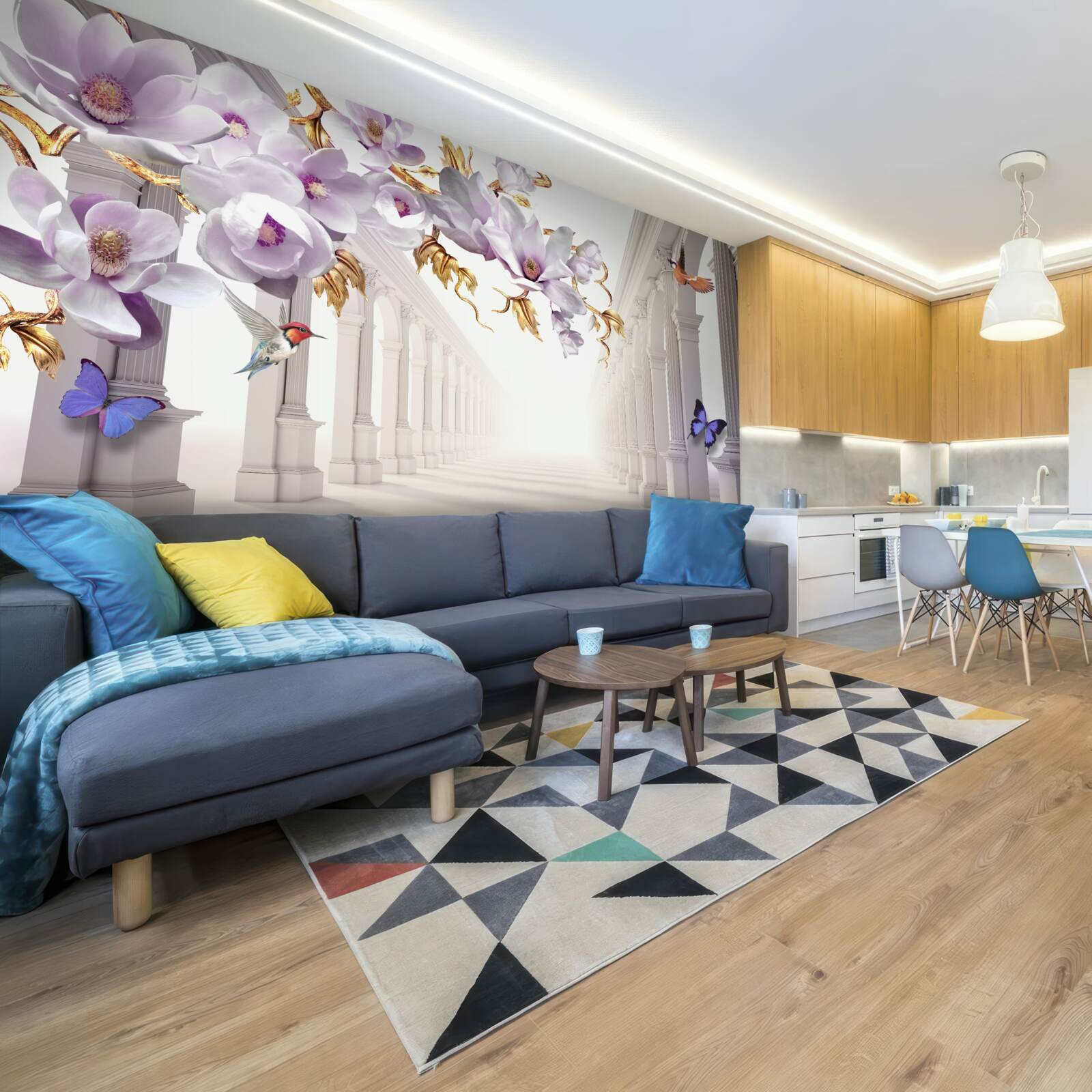 Fototapeta nekonečný tunel zdobený žiarivými kvetmi a motýľmi