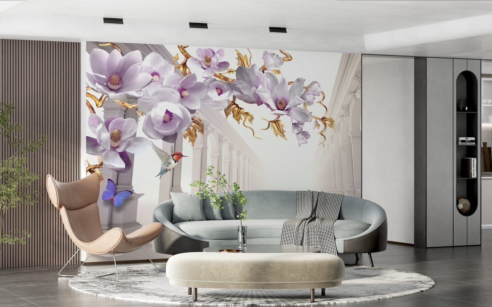 Fototapeta nekonečný tunel zdobený žiarivými kvetmi a motýľmi