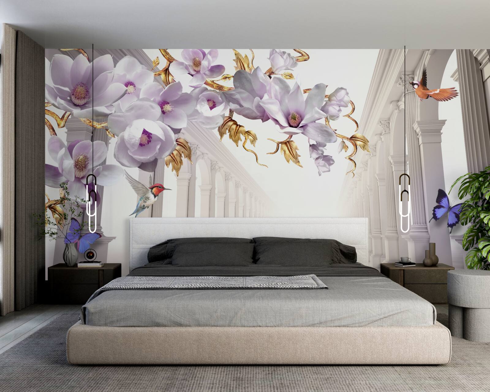 Fototapeta nekonečný tunel zdobený žiarivými kvetmi a motýľmi