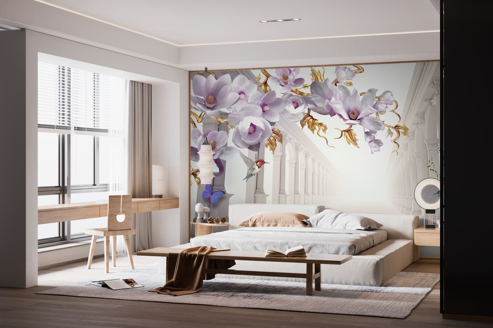 Fototapeta nekonečný tunel zdobený žiarivými kvetmi a motýľmi