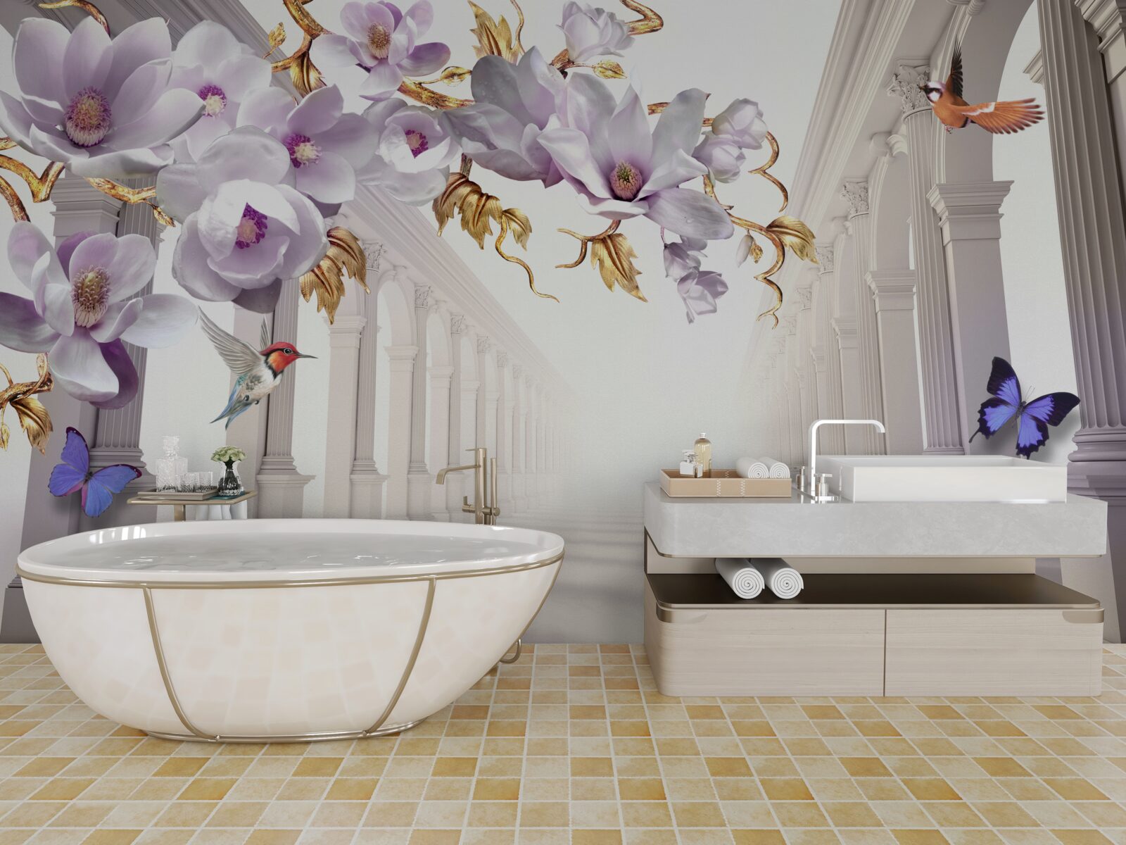 Fototapeta nekonečný tunel zdobený žiarivými kvetmi a motýľmi