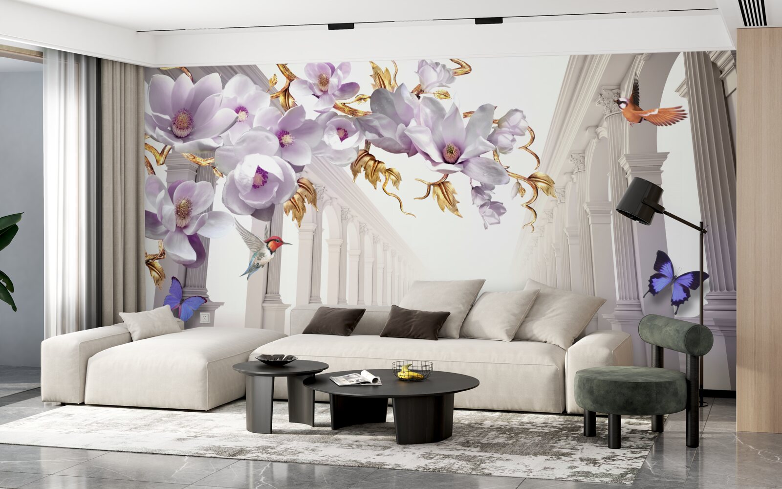 Fototapeta nekonečný tunel zdobený žiarivými kvetmi a motýľmi