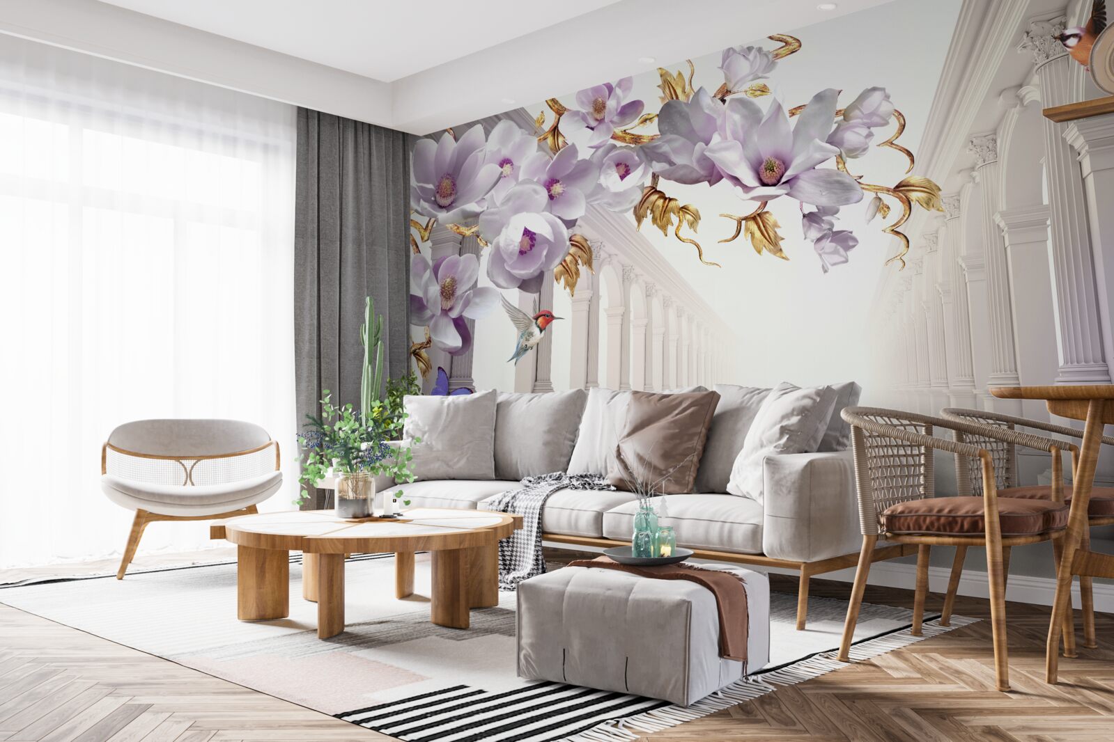 Fototapeta nekonečný tunel zdobený žiarivými kvetmi a motýľmi