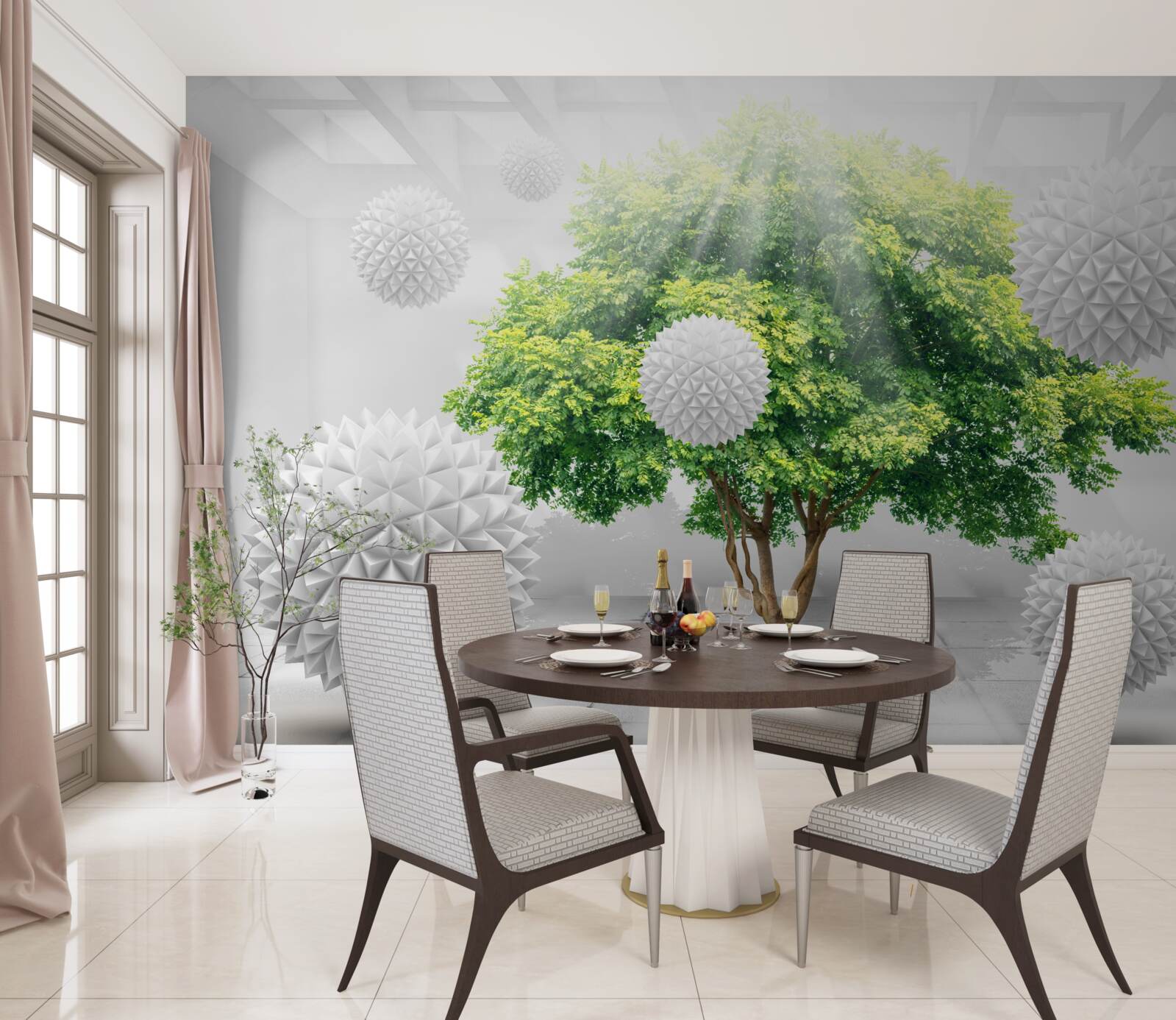 Fototapeta slnečné lúče osvetľujú biele gule, ktoré kontrastujú so zeleňou stromu