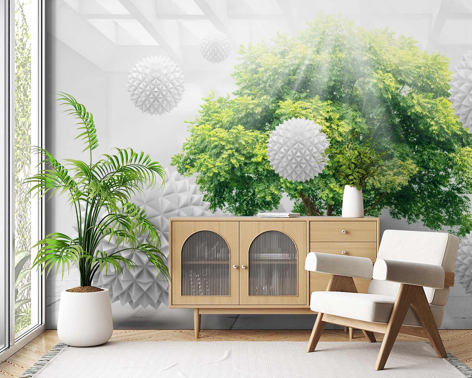 Fototapeta slnečné lúče osvetľujú biele gule, ktoré kontrastujú so zeleňou stromu