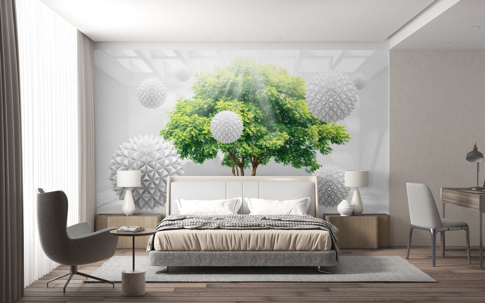 Fototapeta slnečné lúče osvetľujú biele gule, ktoré kontrastujú so zeleňou stromu