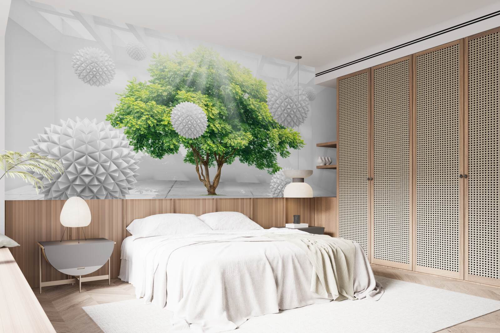 Fototapeta slnečné lúče osvetľujú biele gule, ktoré kontrastujú so zeleňou stromu