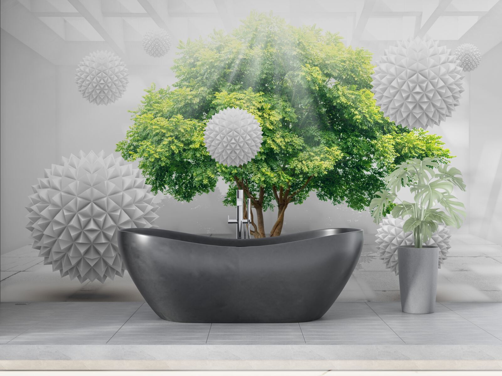 Fototapeta slnečné lúče osvetľujú biele gule, ktoré kontrastujú so zeleňou stromu