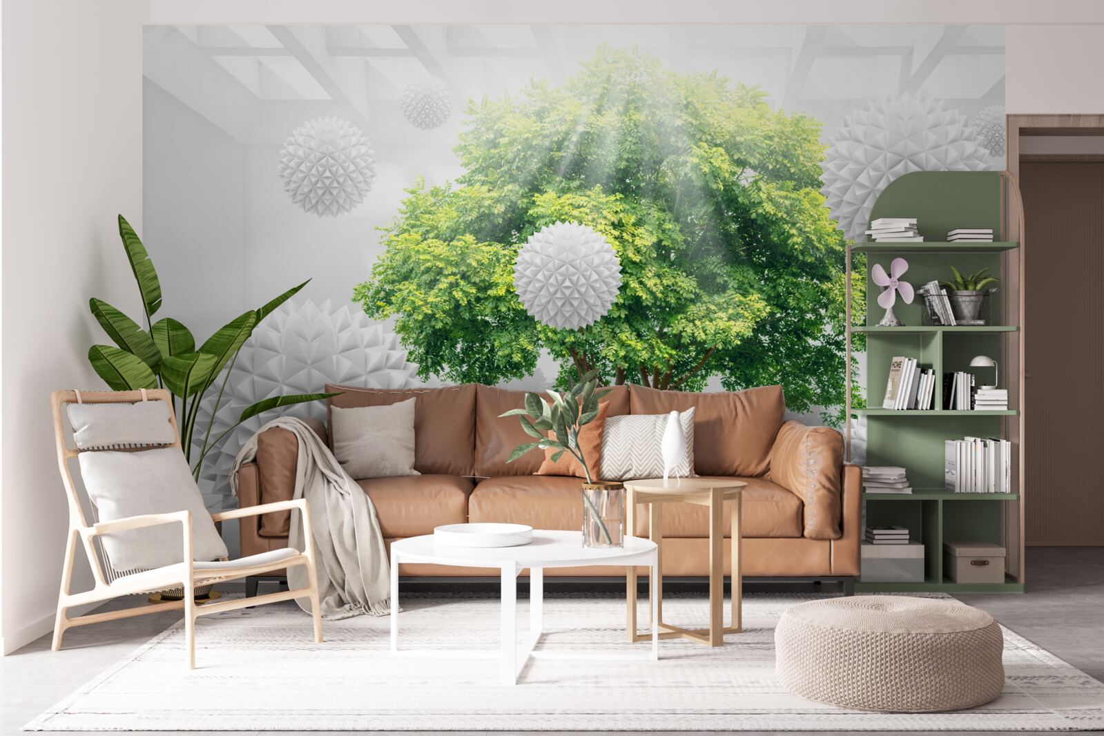 Fototapeta slnečné lúče osvetľujú biele gule, ktoré kontrastujú so zeleňou stromu