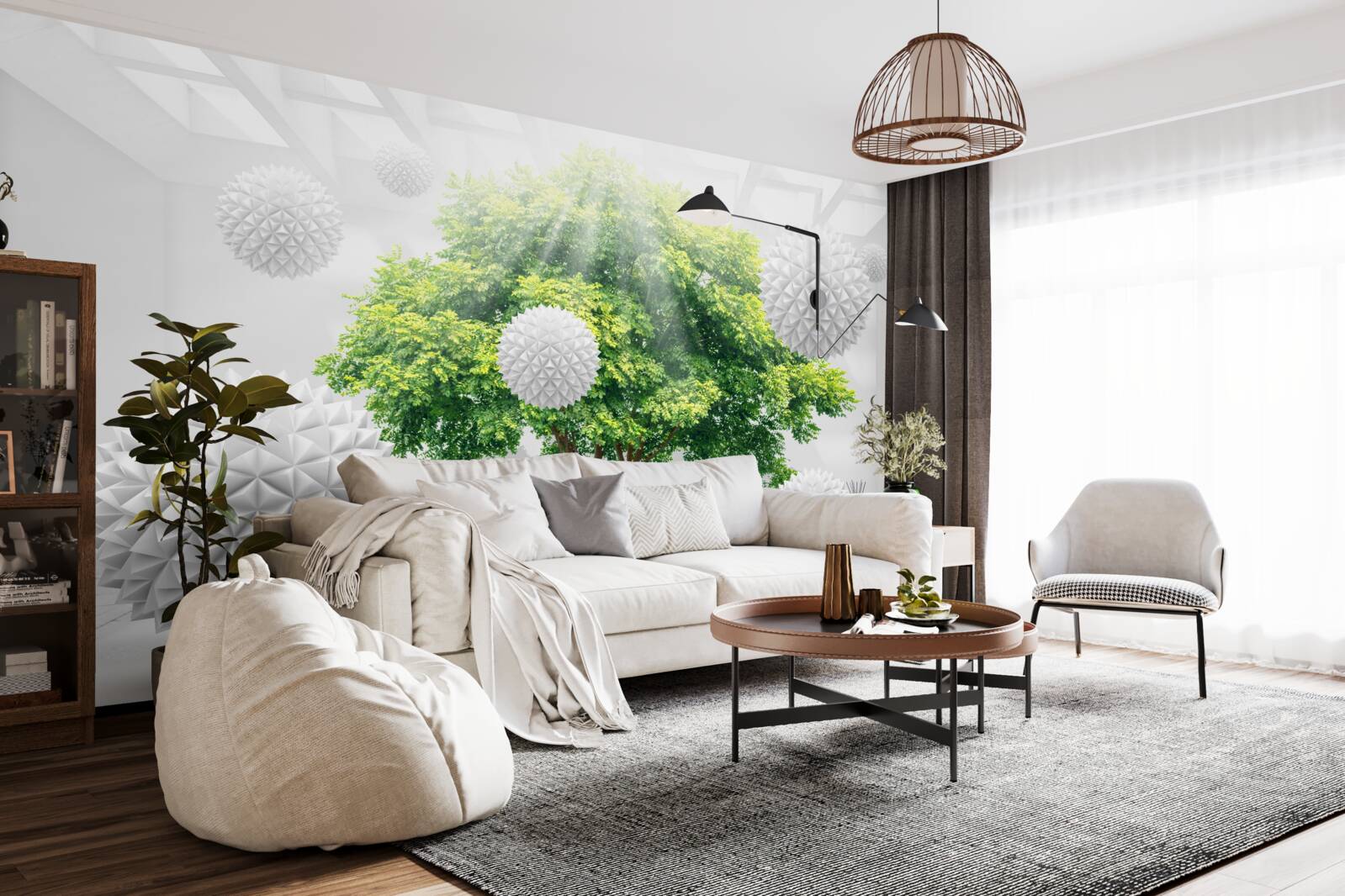 Fototapeta slnečné lúče osvetľujú biele gule, ktoré kontrastujú so zeleňou stromu