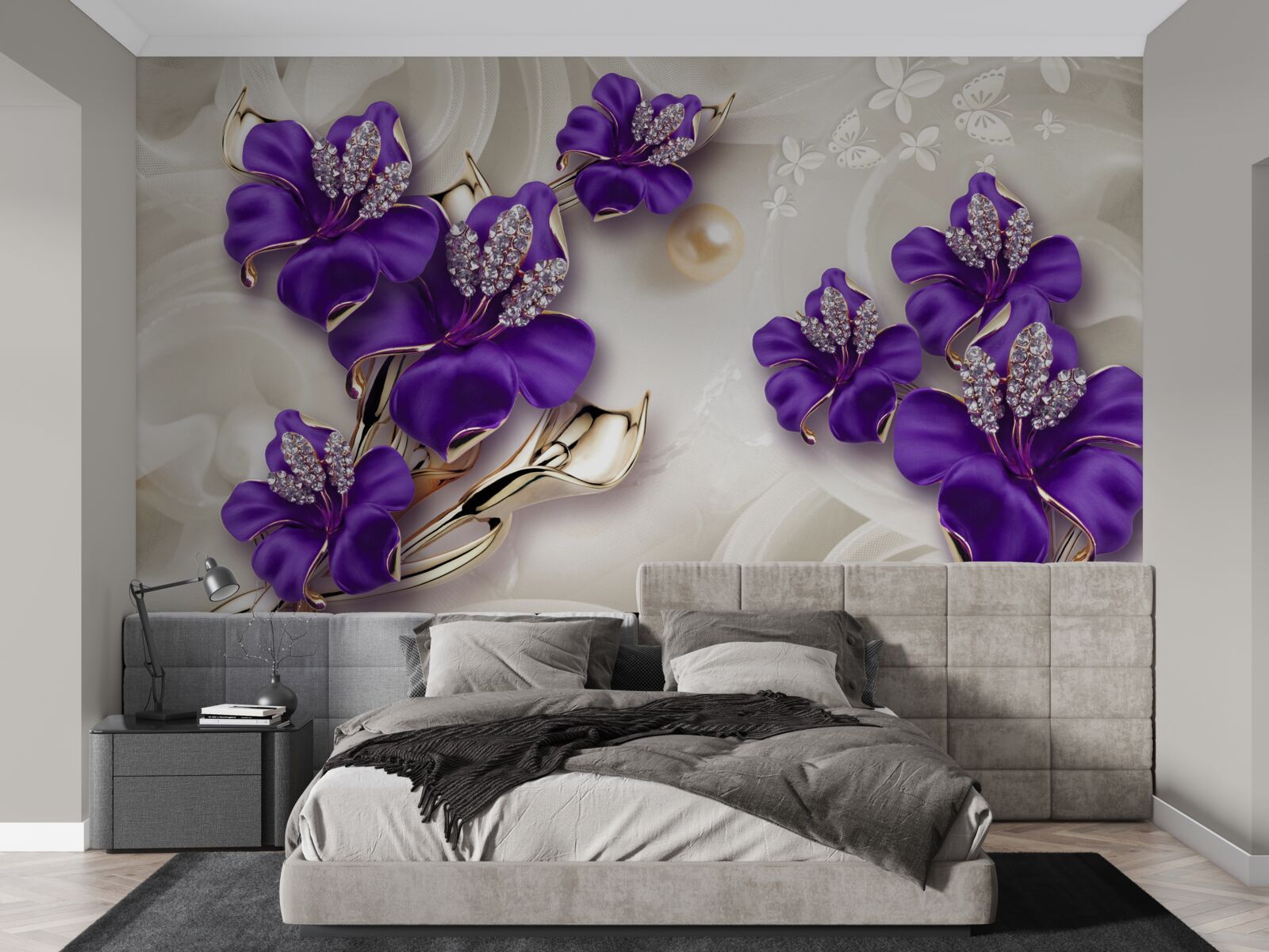 Fototapeta konáre ľalie v modrom odtieni s perleťovými dekoráciami