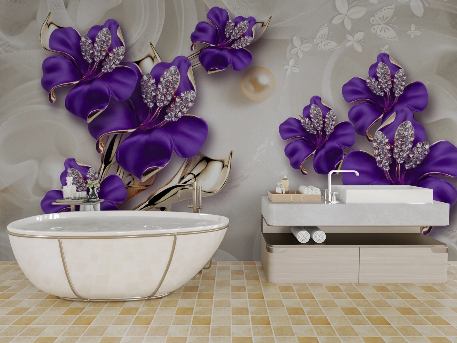 Fototapeta konáre ľalie v modrom odtieni s perleťovými dekoráciami