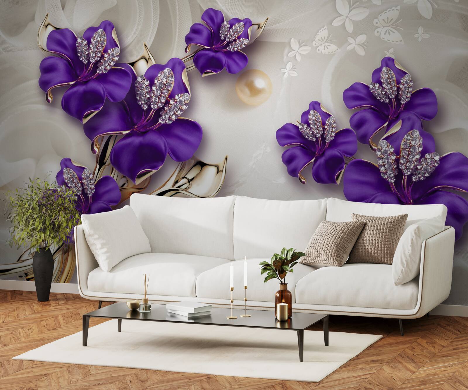 Fototapeta konáre ľalie v modrom odtieni s perleťovými dekoráciami