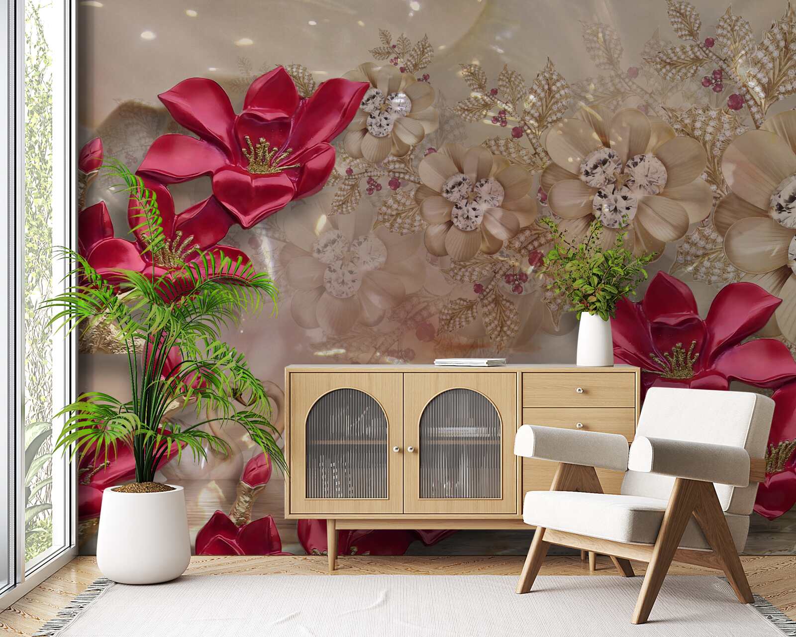 Fototapeta červené konáre sú zdobené zlatom a perlami