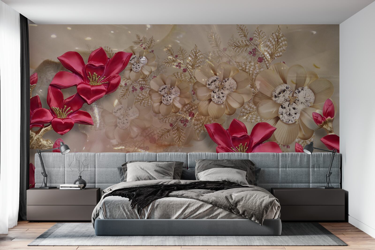 Fototapeta červené konáre sú zdobené zlatom a perlami