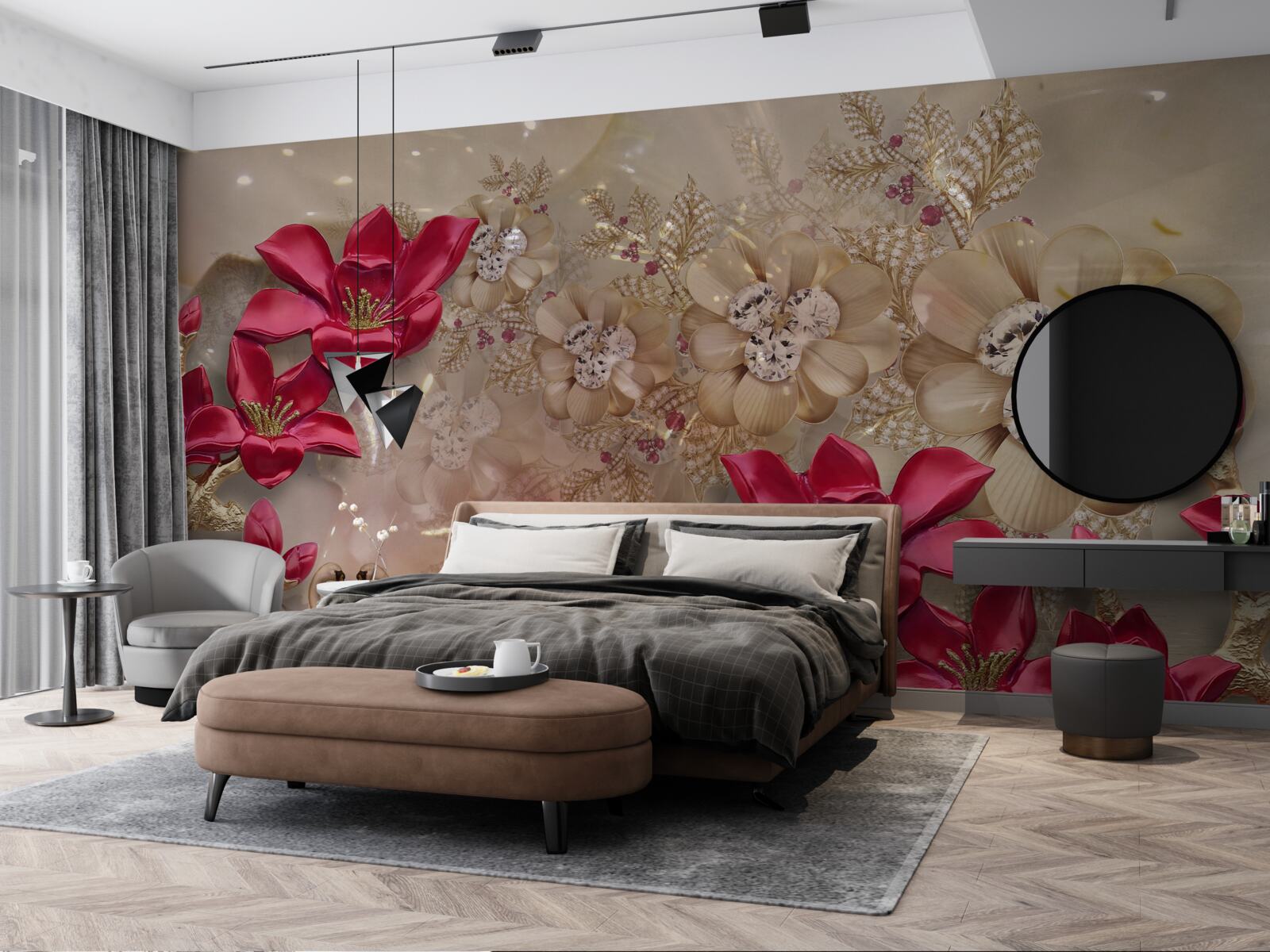 Fototapeta červené konáre sú zdobené zlatom a perlami