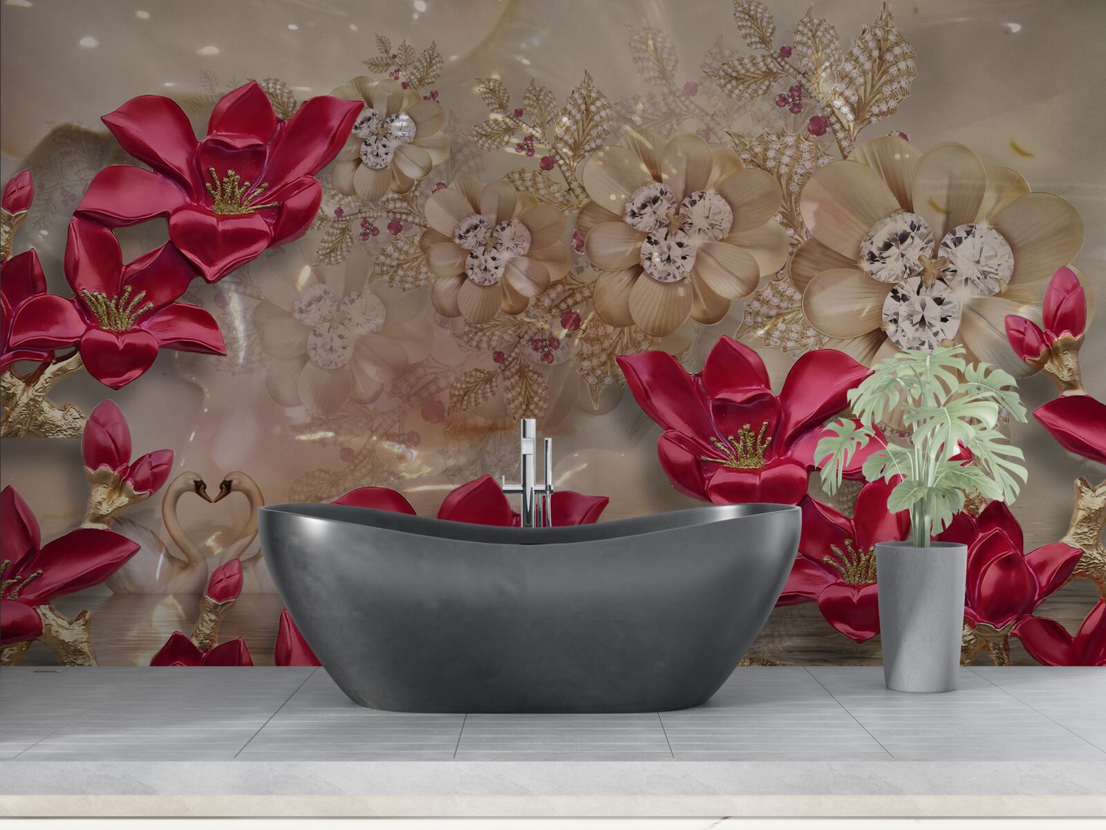 Fototapeta červené konáre sú zdobené zlatom a perlami