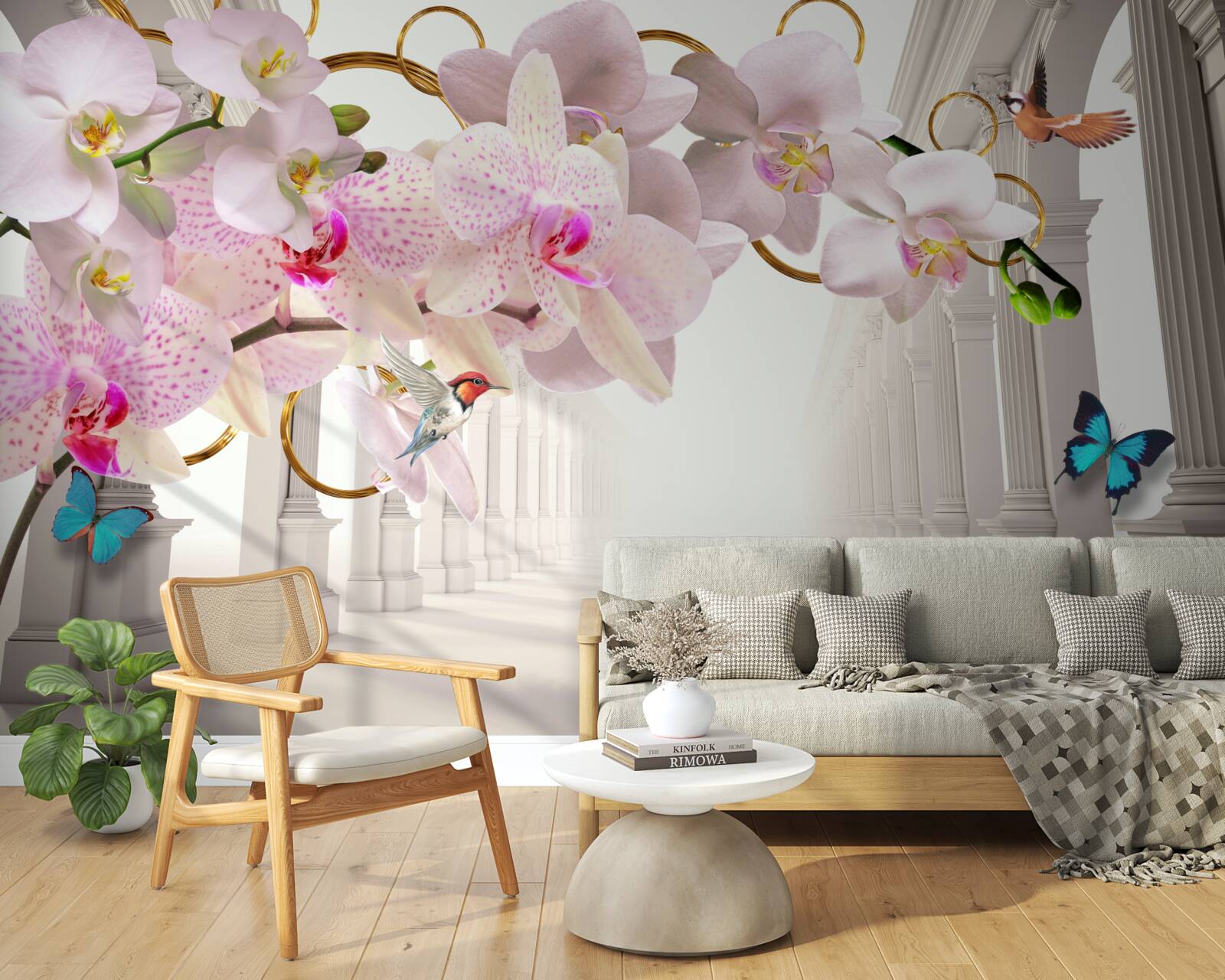 Fototapeta biele oblúky sú zdobené orchideami a motýľmi