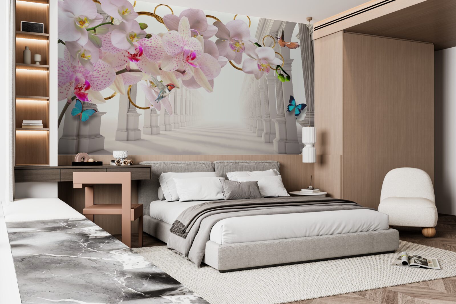 Fototapeta biele oblúky sú zdobené orchideami a motýľmi