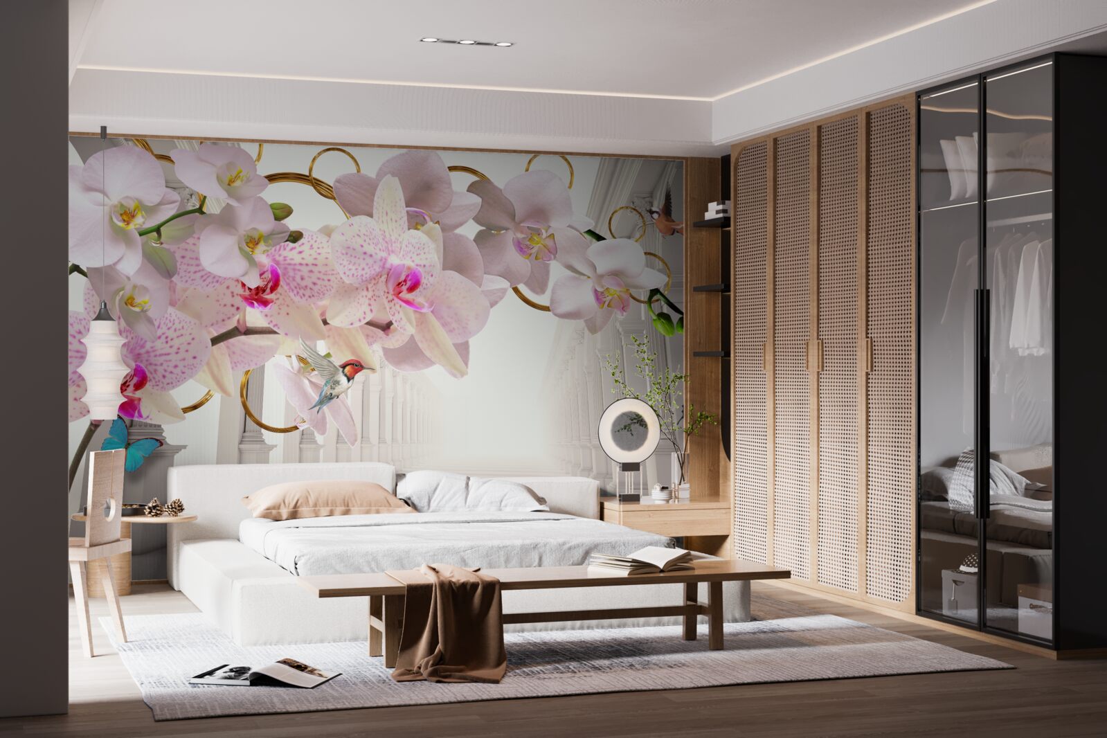 Fototapeta biele oblúky sú zdobené orchideami a motýľmi