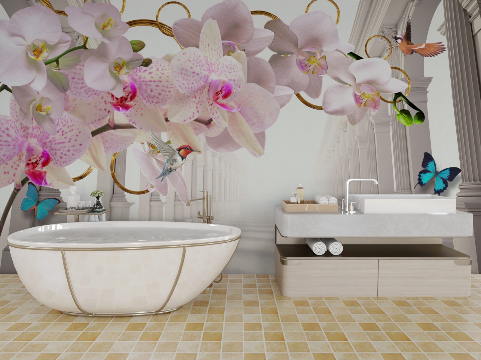 Fototapeta biele oblúky sú zdobené orchideami a motýľmi