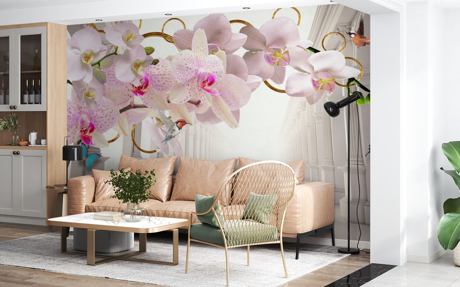 Fototapeta biele oblúky sú zdobené orchideami a motýľmi