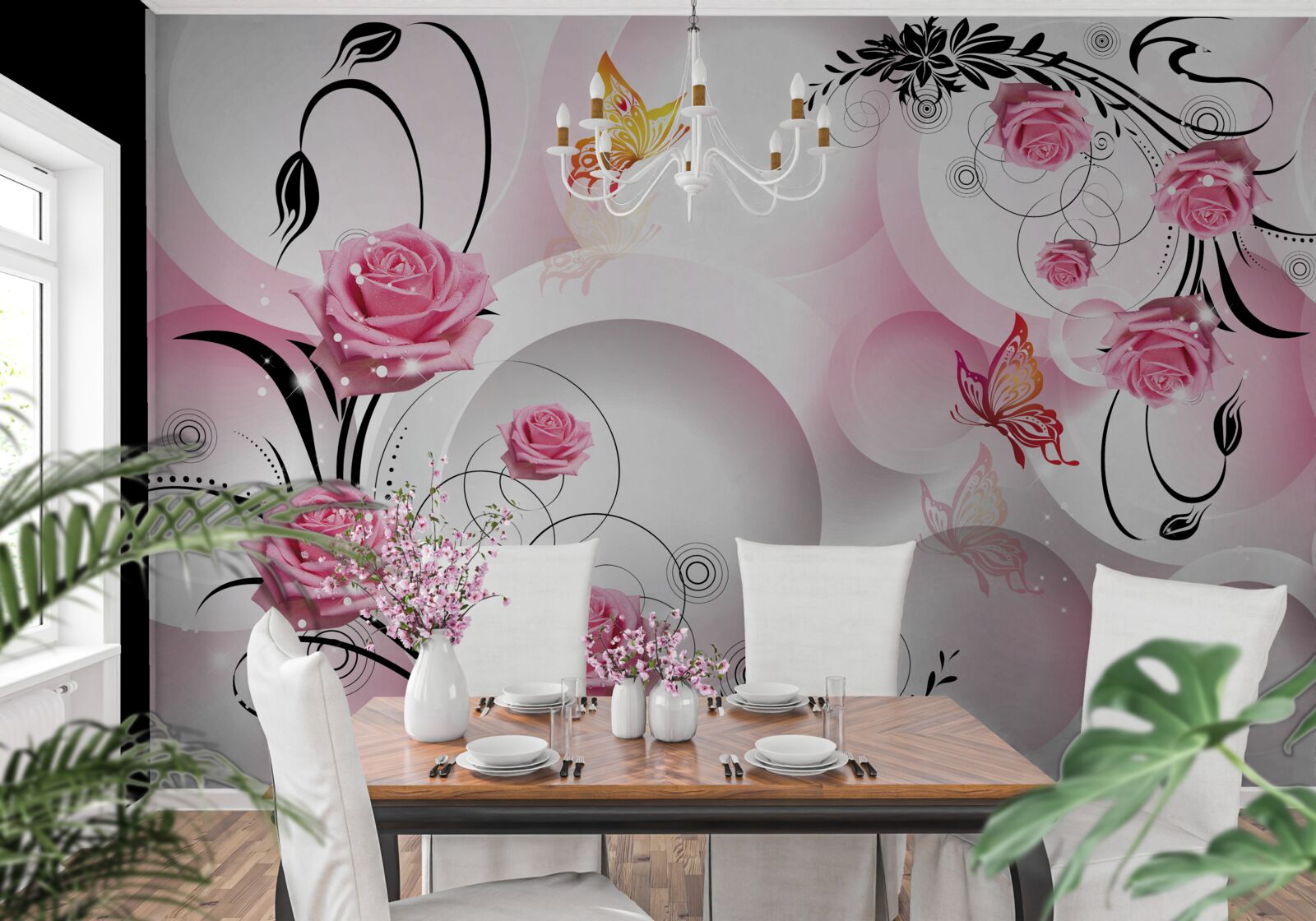 Fototapeta dizajn ružových púčikov s čiernymi vetvami