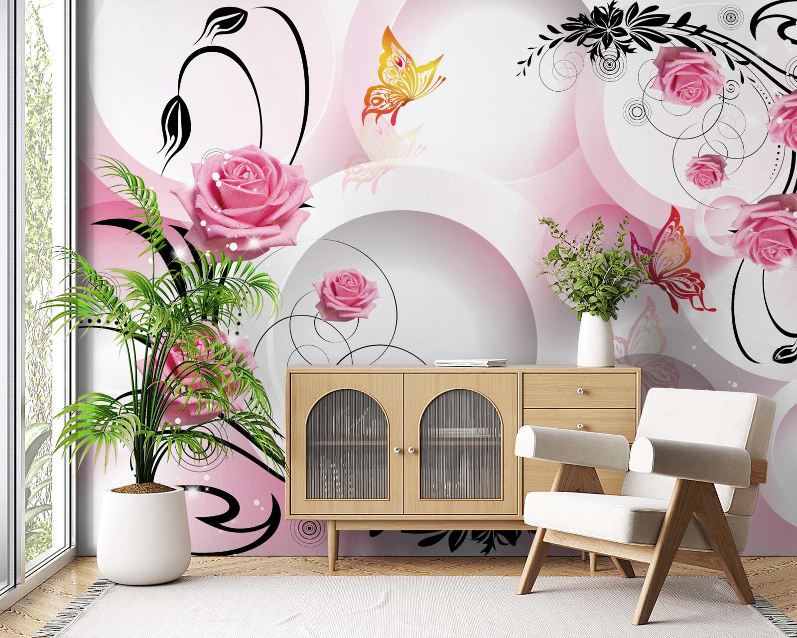 Fototapeta dizajn ružových púčikov s čiernymi vetvami