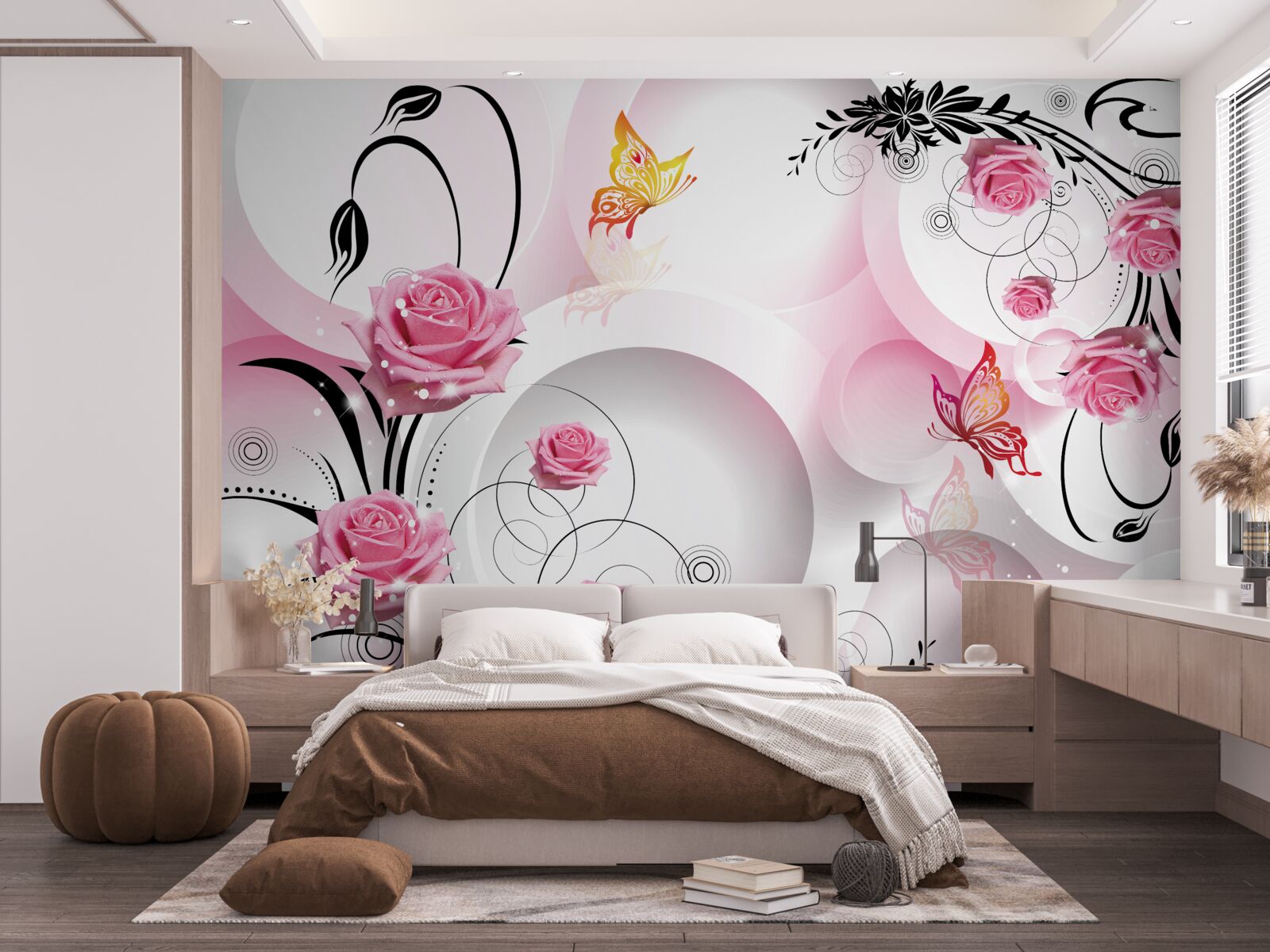 Fototapeta dizajn ružových púčikov s čiernymi vetvami