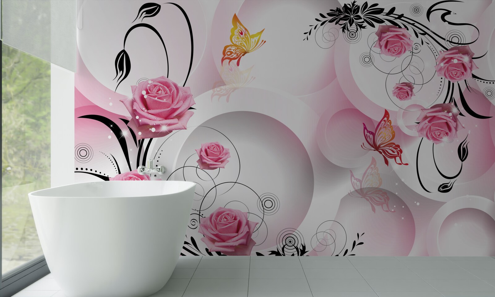 Fototapeta dizajn ružových púčikov s čiernymi vetvami