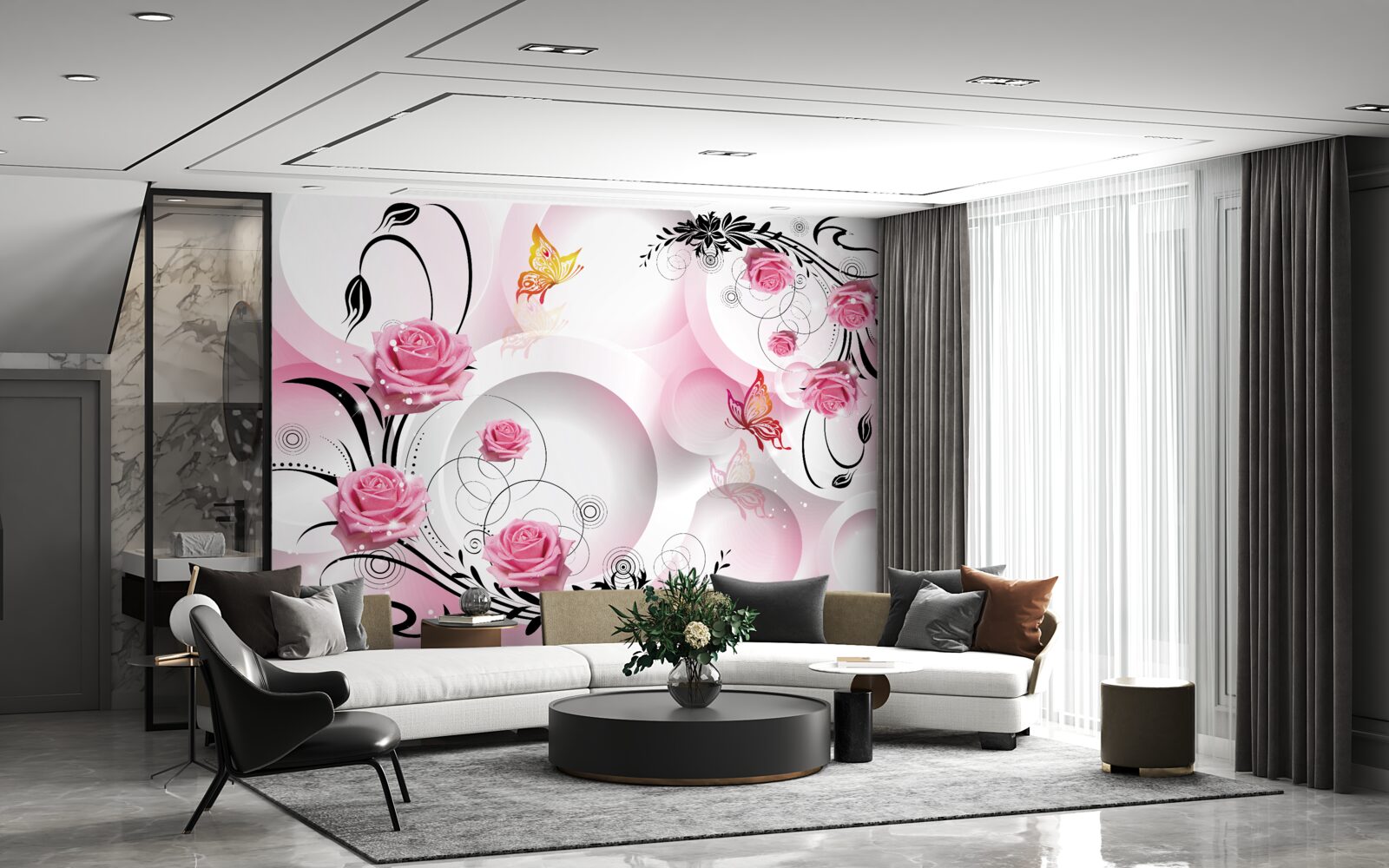 Fototapeta dizajn ružových púčikov s čiernymi vetvami