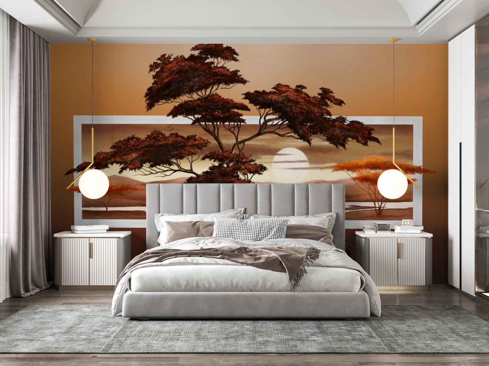 Fototapeta slnko zapadá nad bonsajmi