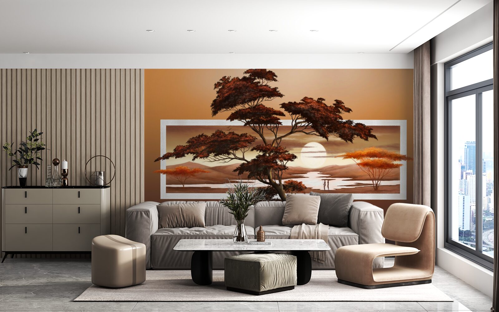 Fototapeta slnko zapadá nad bonsajmi