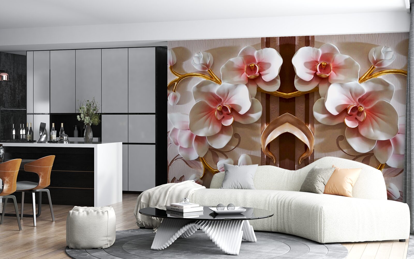 Fototapeta biele orchidey jemne vyniknú na pozadí zlatých konárov