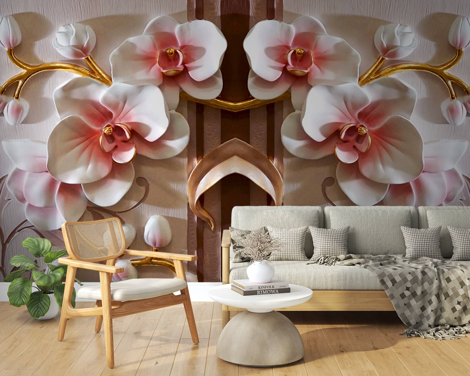 Fototapeta biele orchidey jemne vyniknú na pozadí zlatých konárov