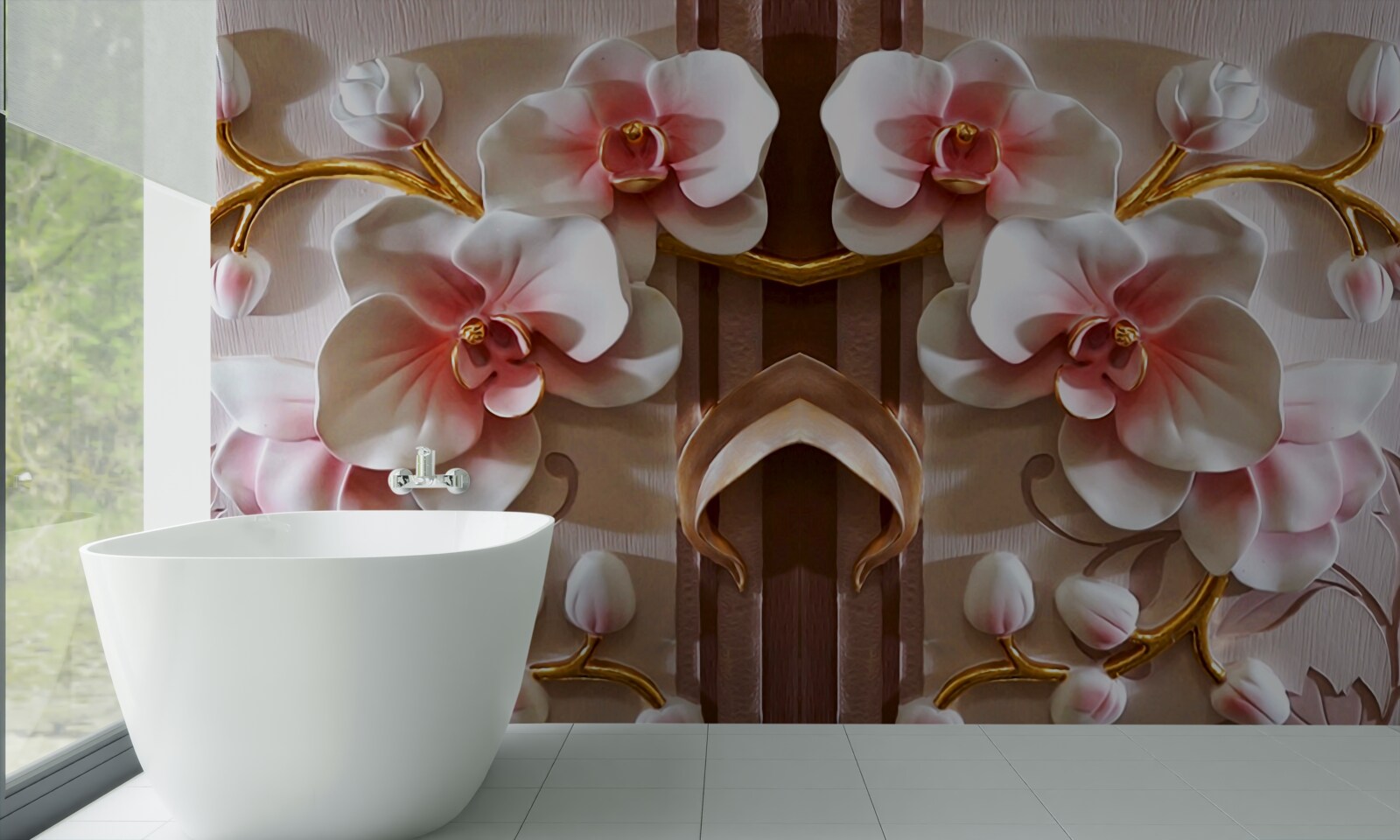 Fototapeta biele orchidey jemne vyniknú na pozadí zlatých konárov