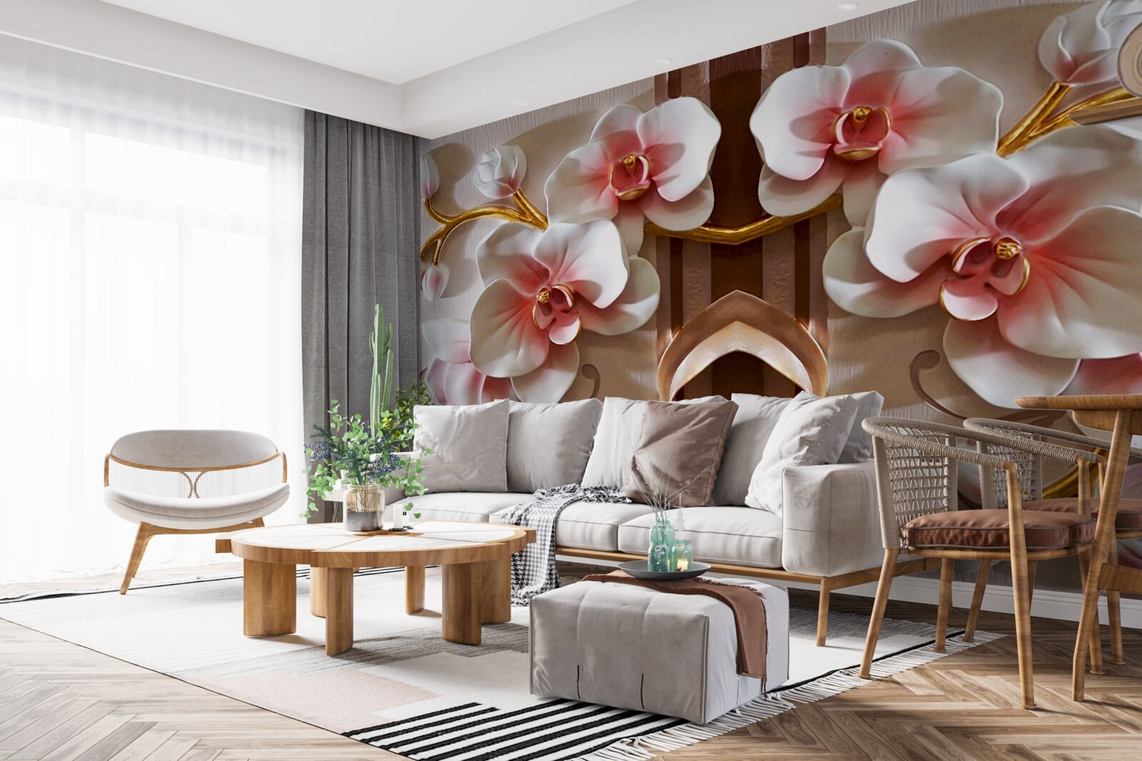 Fototapeta biele orchidey jemne vyniknú na pozadí zlatých konárov