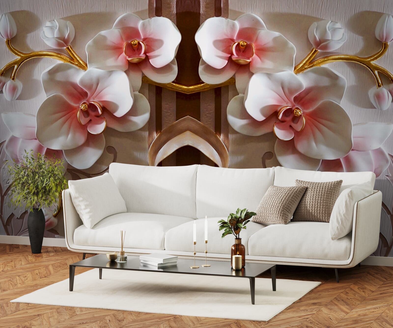 Fototapeta biele orchidey jemne vyniknú na pozadí zlatých konárov