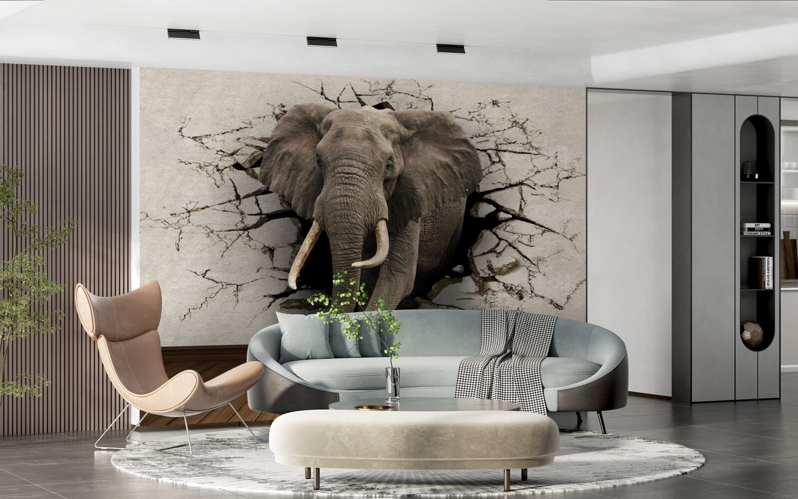 Fototapeta silný slon ničí šedú bariéru